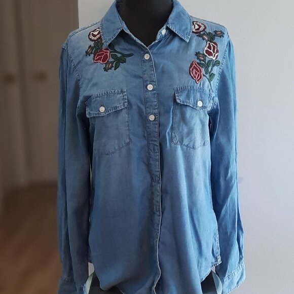 Demin Look Button Up Embroidred Shirt - Picture 2 of 4